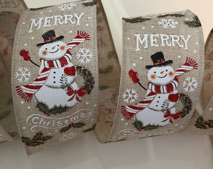 2.5” Merry Christmas Snowman Sparkly Wired Ribbon: Beige, Red, Green, White #751 - Sold By The Yard