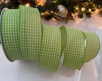 2.5" Green Embroidered Stitched Squares Canvas Wired Ribbon #84 - Sold By The Yard