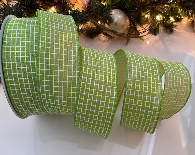 2.5" Green Embroidered Stitched Squares Canvas Wired Ribbon #84 - Sold By The Yard
