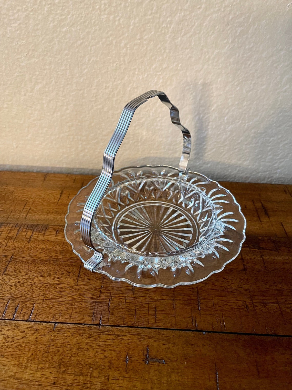 Vintage Round Glass Dish With Metal Handle Etsy