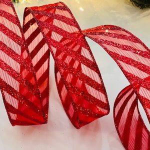 1.5" Sheer Sparkle Striped Red Wired Ribbon