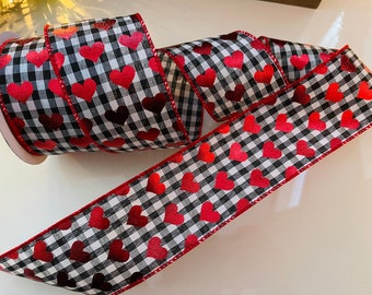 2.5” Black & White Gingham Heart Wired Ribbon - Sold By The Yard