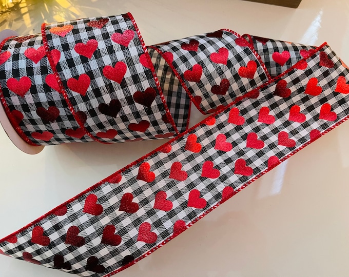 2.5” Black & White Gingham Heart Wired Ribbon - Sold By The Yard