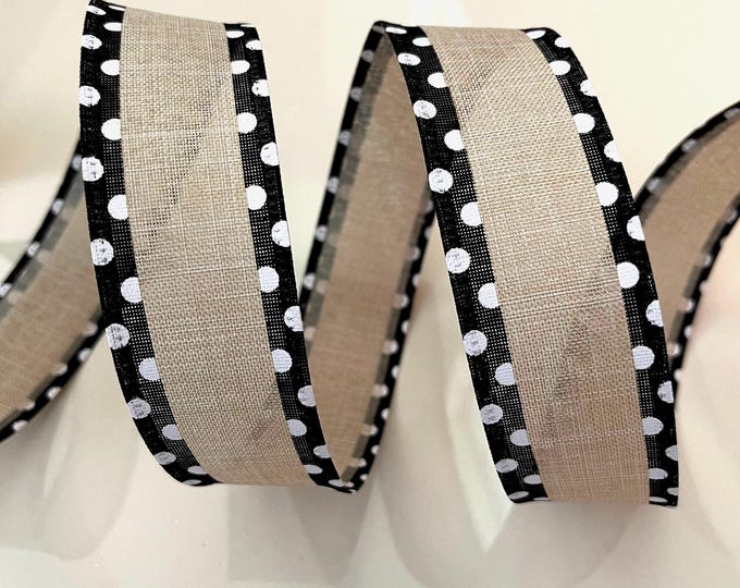 1.5” Beige Wired Ribbon With Black & White Polka Dot Edge #937 - Sold By The Yard