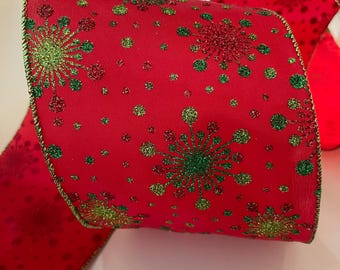 5” Glittery Snowflakes Red & Green Wired Ribbon