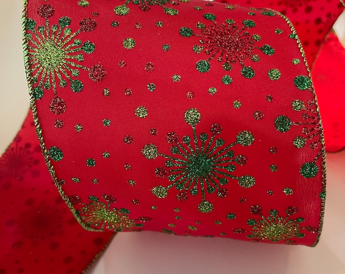 5” Glittery Snowflakes Red & Green Wired Ribbon