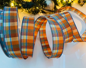 1.5” Orange & Blue Plaid Wired Ribbon - Sold By The Yard