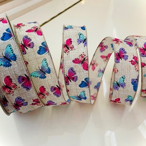 1.5” Colorful Ombré Butterflies Wired Ribbon: Blue, Pink, & Purple #3036 - Sold By The Yard