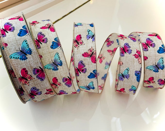 1.5” Colorful Ombré Butterflies Wired Ribbon: Blue, Pink, & Purple #3036 - Sold By The Yard