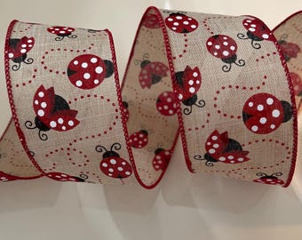 2.5” Ladybug Wired Ribbon: Black, Red, White, Beige