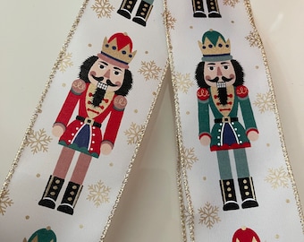2.5” Nutcracker & Snowflakes Wired Ribbon: Red, Green, Gold, White - Sold By The Yard