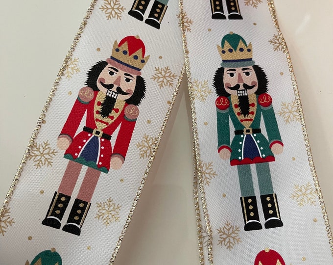 2.5” Nutcracker & Snowflakes Wired Ribbon: Red, Green, Gold, White - Sold By The Yard