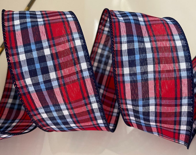 2.5” Red, White, & Blue Plaid Wired Ribbon #932 - Sold By The Yard