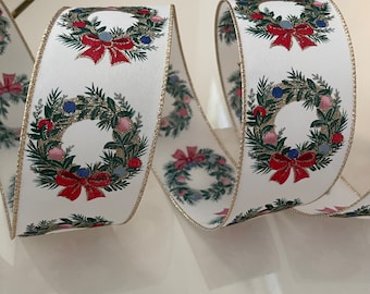 2.5” Sparkly Christmas Wreaths Wired Ribbon: Red, Blue, Green, Pink, Gold, White #492 - Sold By The Yard