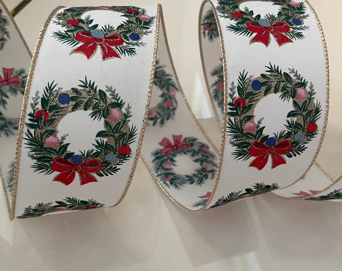 2.5” Sparkly Christmas Wreaths Wired Ribbon: Red, Blue, Green, Pink, Gold, White #492 - Sold By The Yard