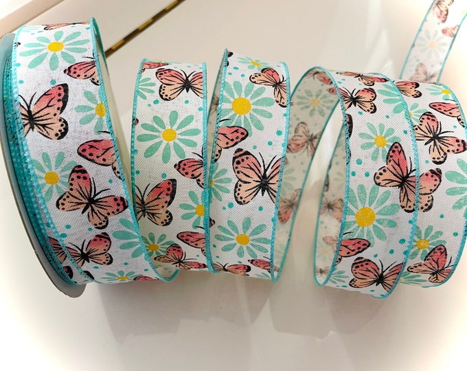 1.5” Butterflies & Flowers Wired Ribbon #2037 - Sold By The Yard
