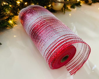 Metallic White, Pink, & Red Deco Poly Mesh - 10 Yard Roll x 10” Wide