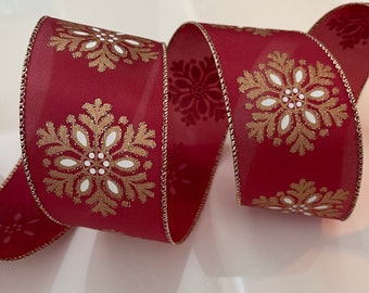 2.5” Red & Gold Snowflake Wired Ribbon - Sold By The Yard
