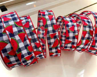 1.5” Watermelon Slices, Navy Blue & White Plaid Wired Ribbon #295 - Sold By The Yard