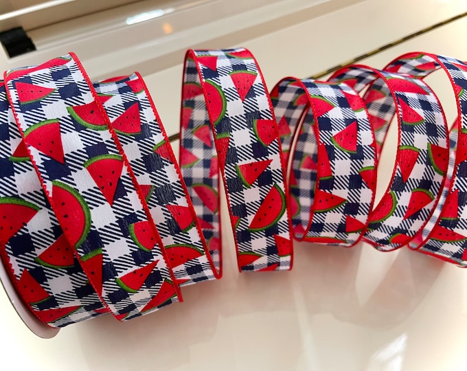 1.5” Watermelon Slices, Navy Blue & White Plaid Wired Ribbon #295 - Sold By The Yard