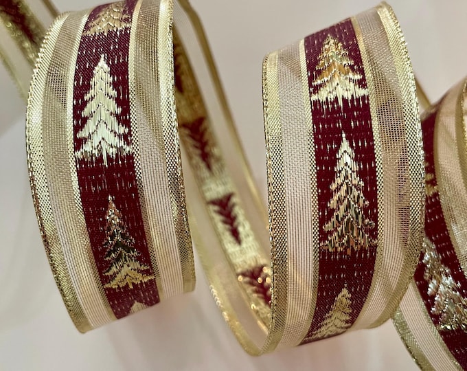 1.5” Gold & Burgundy Christmas Tree Wired Ribbon Sheer and Solid