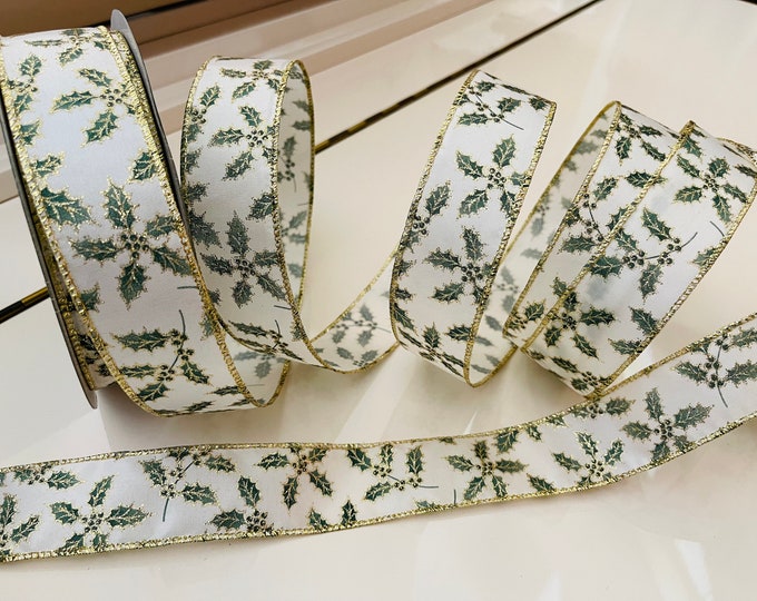 1.5” Christmas Holly Wired Ribbon - Sold By The Yard