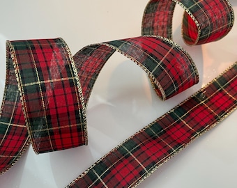 1.5” Red, Green, & Gold Plaid Wired Ribbon