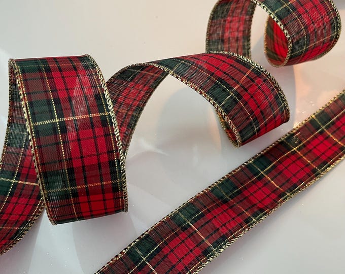 1.5” Red, Green, & Gold Plaid Wired Ribbon