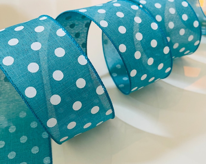 2.5” Turquoise & White Polka Dot Wired Ribbon - Sold By The Yard