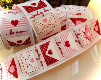 10 Yard Roll - 2.5" Valentines Letters Wired Ribbon Pink & Red #205