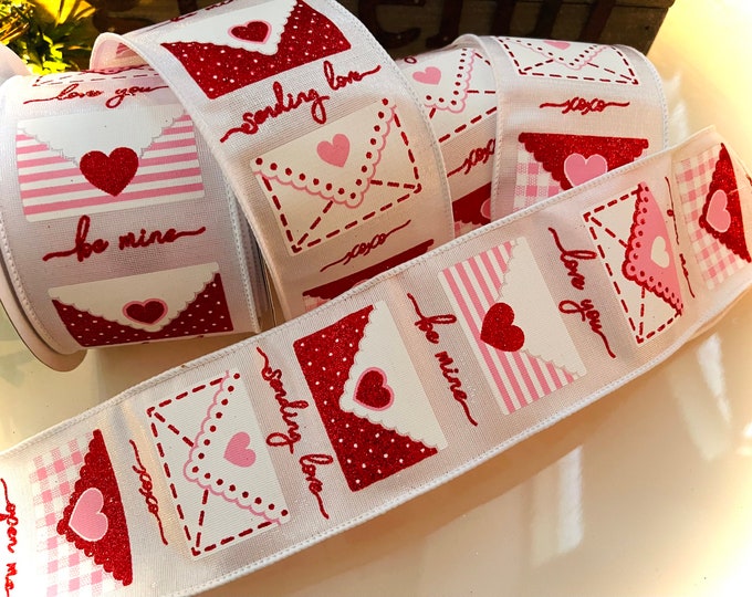 10 Yard Roll - 2.5" Valentines Letters Wired Ribbon Pink & Red #205