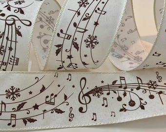 2.5” Christmas Music Note Wired Ribbon: Cream & Brown #674 - Sold By The Yard
