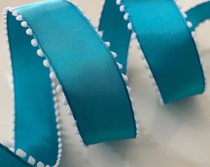 1.5” Turquoise Wired Ribbon with White Pom Pom Edge