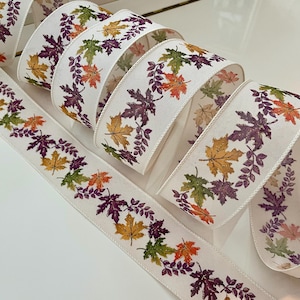 2.5" Sparkly Fall Leaves Wired Ribbon: Purple, Orange, Yellow, Cream, Green