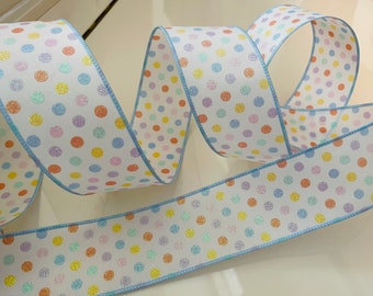 2.5” Colorful Sparkle Polka Dot Wired Ribbon with Baby Blue Trim #757 - Sold By The Yard