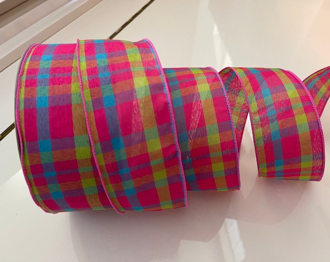 2.5” Pink, Green, & Blue Plaid Wired Ribbon #487 - Sold By The Yard