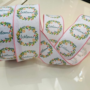 2.5” Spring Floral Wreaths White With Pink Trim Wired Ribbon #1298 - Sold By The Yard