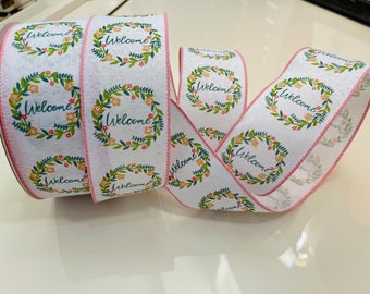 2.5” Spring Floral Wreaths White With Pink Trim Wired Ribbon #1298 - Sold By The Yard