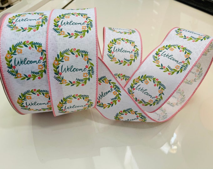 2.5” Spring Floral Wreaths White With Pink Trim Wired Ribbon #1298 - Sold By The Yard