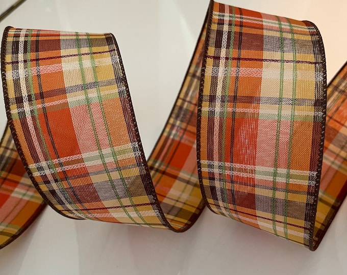 2.5” Fall Plaid Wired Ribbon: Orange, Brown, Beige, Green #737 - Sold By The Yard