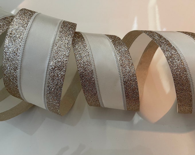 2.5" Glittery Gold Edge Creamy White Wired Ribbon - Perfect for Gift Wrapping, Wreaths, Decor & Much More! #426 - Sold By The Yard