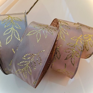 2.5” Taupe Wired Ribbon With Gold Sparkle Leaves #3042 - Perfect for Gift Wrapping, Wreaths, Decor & Much More! - Sold By The Yard