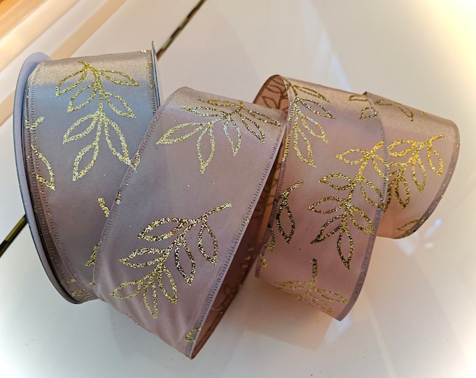 2.5” Taupe Wired Ribbon With Gold Sparkle Leaves #3042 - Perfect for Gift Wrapping, Wreaths, Decor & Much More! - Sold By The Yard