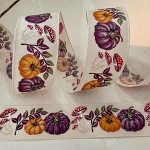 2.5" Sparkly Pumpkins & Mushrooms Wired Ribbon: Purple, Orange, Red, Cream, Green #624