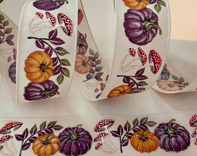 2.5" Sparkly Pumpkins & Mushrooms Wired Ribbon: Purple, Orange, Red, Cream, Green #624