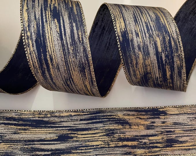 2.5” Navy Blue with Golden Streaks Wired Ribbon