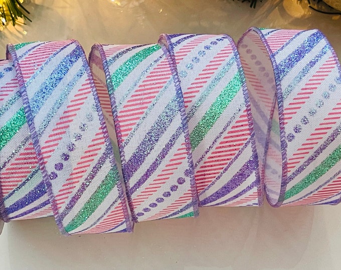 1.5” Sparkle Wired Ribbon: Lavender, Pink, & Green #953 - 10 Yard Roll