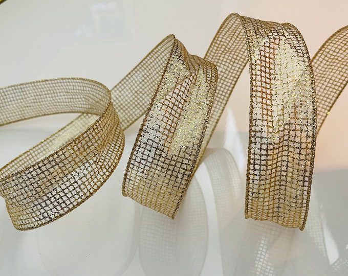1.5” Gold Glitter Lattice Wired Ribbon #241 - Sold By The Yard