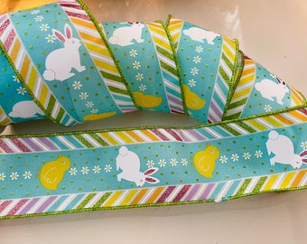 10 Yard Roll - 2.5" Bunnies & Chicks Sparkle Wired Ribbon #325