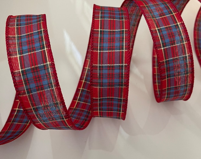 1.5” Red, Blue, & Gold, Plaid Wired Ribbon #1124 - Sold By The Yard